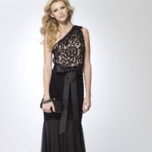 Cache Black Gown Maxi Sequin Lace Bow Night Out